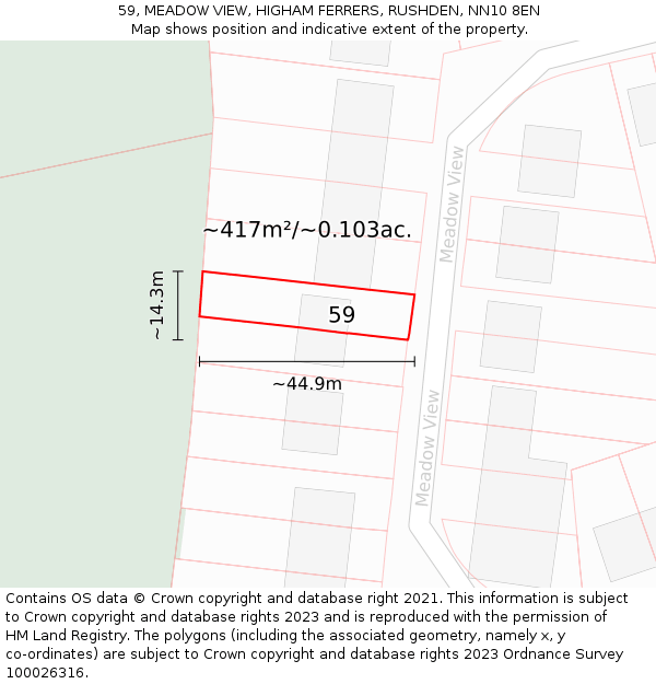 59, MEADOW VIEW, HIGHAM FERRERS, RUSHDEN, NN10 8EN: Plot and title map