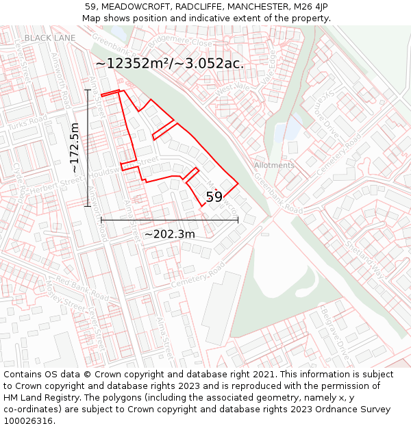 59, MEADOWCROFT, RADCLIFFE, MANCHESTER, M26 4JP: Plot and title map