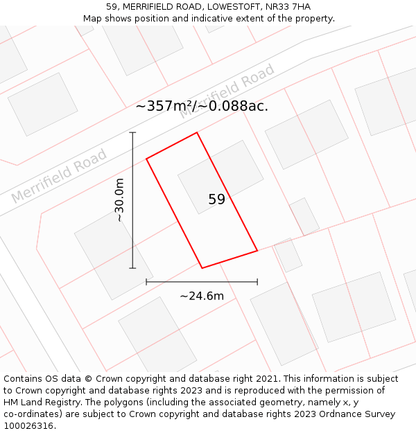 59, MERRIFIELD ROAD, LOWESTOFT, NR33 7HA: Plot and title map