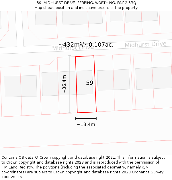 59, MIDHURST DRIVE, FERRING, WORTHING, BN12 5BQ: Plot and title map