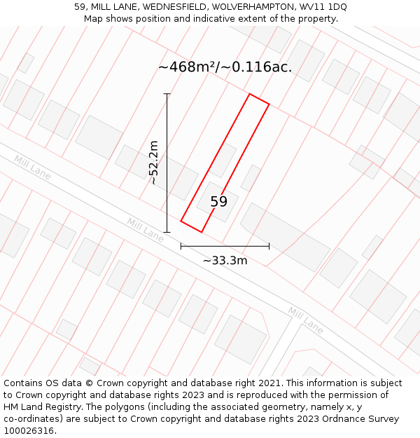 59, MILL LANE, WEDNESFIELD, WOLVERHAMPTON, WV11 1DQ: Plot and title map