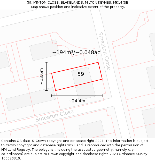 59, MINTON CLOSE, BLAKELANDS, MILTON KEYNES, MK14 5JB: Plot and title map