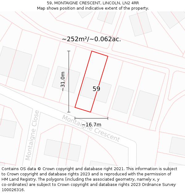 59, MONTAIGNE CRESCENT, LINCOLN, LN2 4RR: Plot and title map