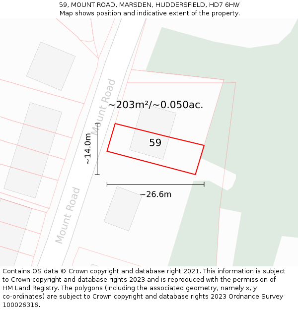 59, MOUNT ROAD, MARSDEN, HUDDERSFIELD, HD7 6HW: Plot and title map