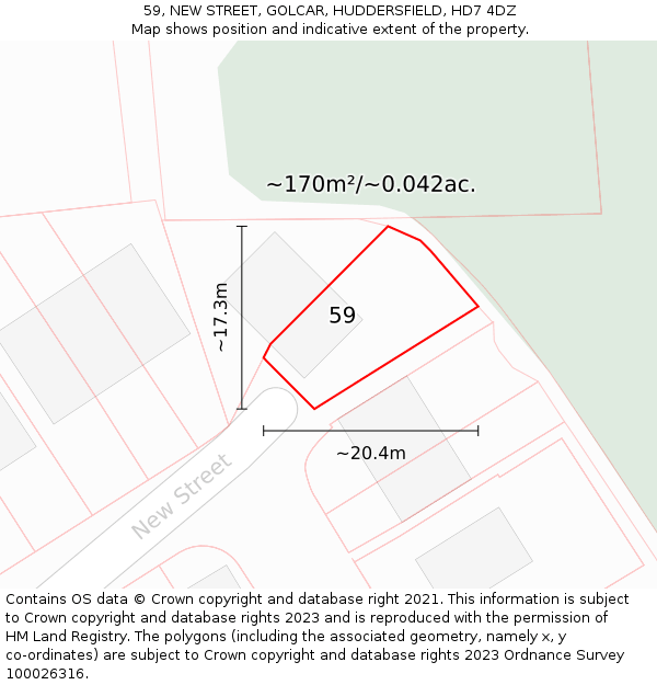 59, NEW STREET, GOLCAR, HUDDERSFIELD, HD7 4DZ: Plot and title map