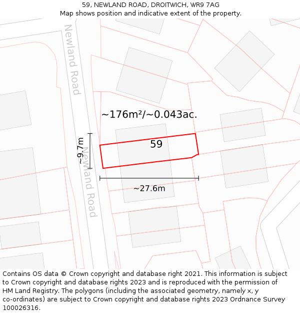 59, NEWLAND ROAD, DROITWICH, WR9 7AG: Plot and title map