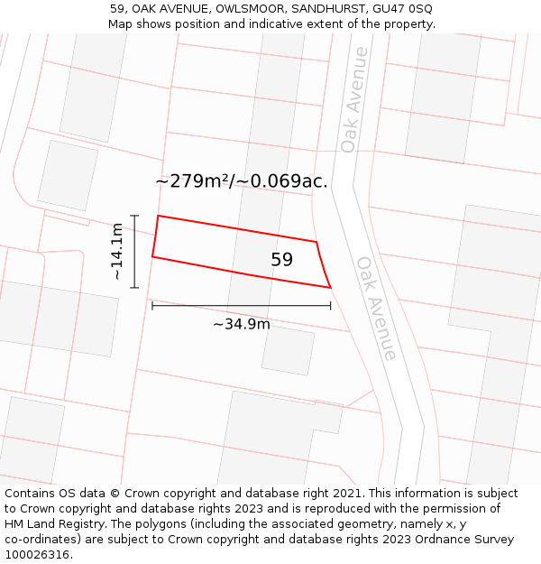59, OAK AVENUE, OWLSMOOR, SANDHURST, GU47 0SQ: Plot and title map