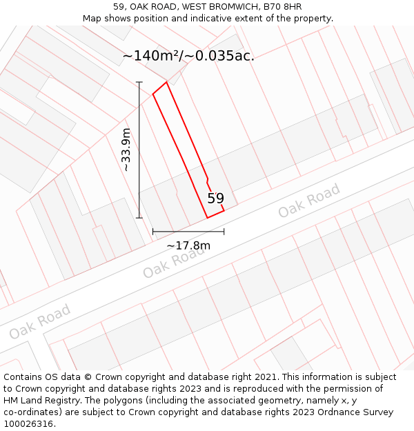 59, OAK ROAD, WEST BROMWICH, B70 8HR: Plot and title map