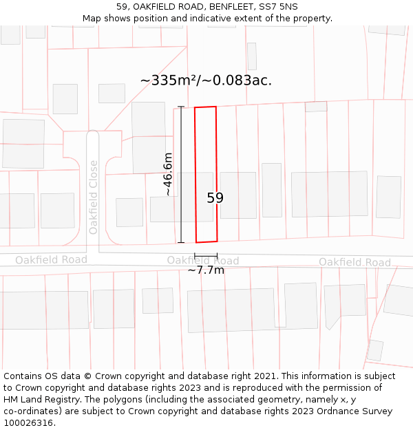 59, OAKFIELD ROAD, BENFLEET, SS7 5NS: Plot and title map