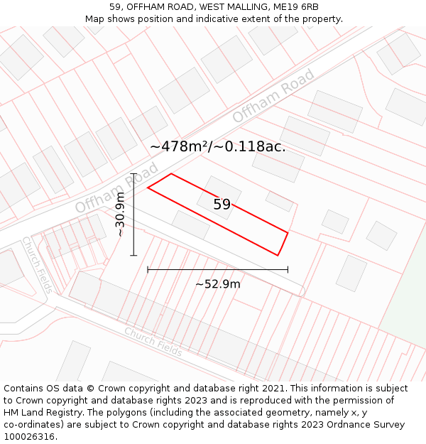 59, OFFHAM ROAD, WEST MALLING, ME19 6RB: Plot and title map