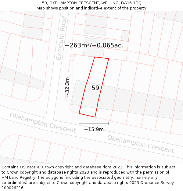 59, OKEHAMPTON CRESCENT, WELLING, DA16 1DQ: Plot and title map