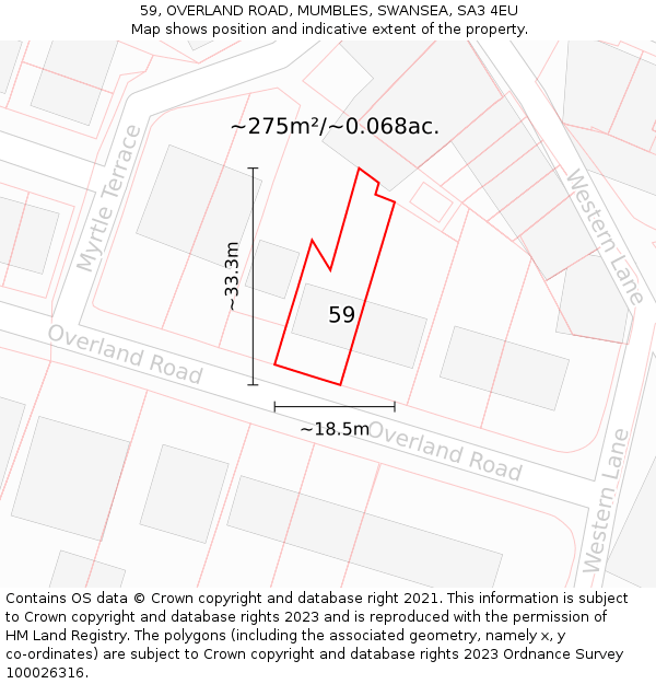 59, OVERLAND ROAD, MUMBLES, SWANSEA, SA3 4EU: Plot and title map