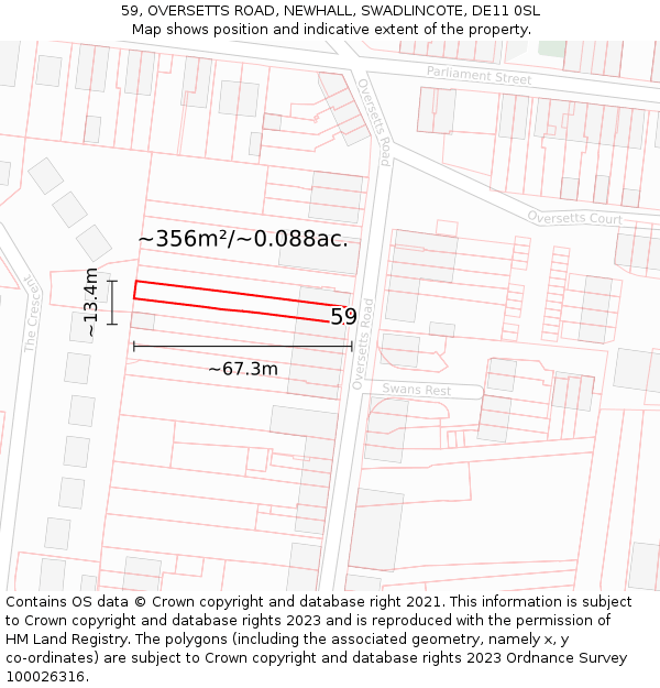 59, OVERSETTS ROAD, NEWHALL, SWADLINCOTE, DE11 0SL: Plot and title map