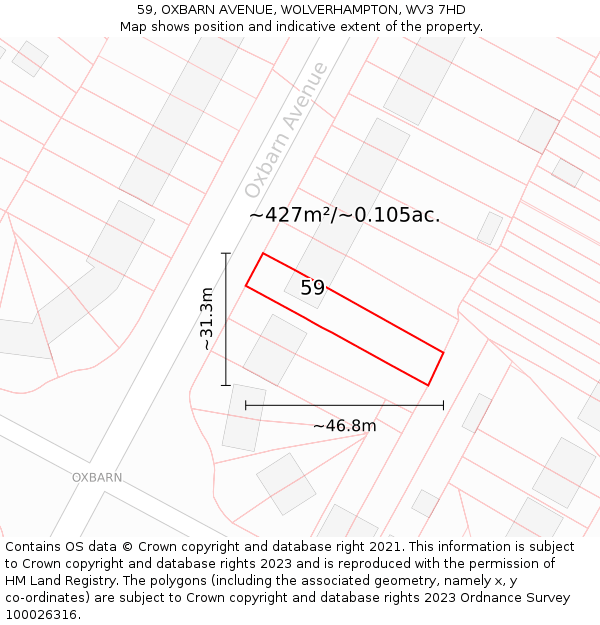 59, OXBARN AVENUE, WOLVERHAMPTON, WV3 7HD: Plot and title map