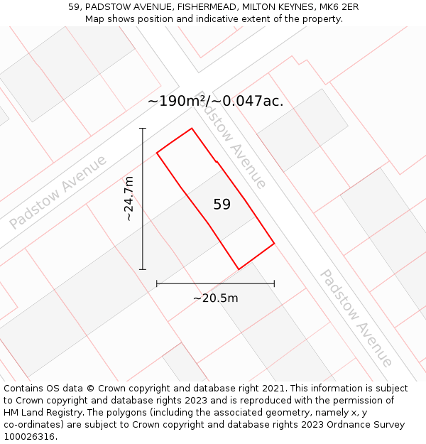 59, PADSTOW AVENUE, FISHERMEAD, MILTON KEYNES, MK6 2ER: Plot and title map
