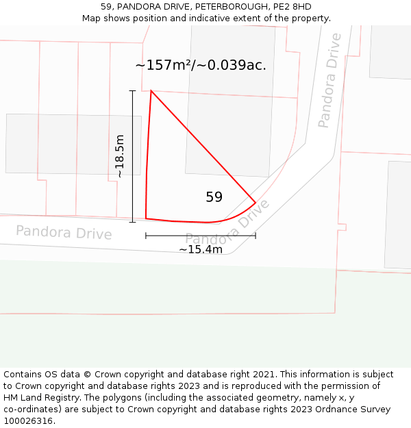 59, PANDORA DRIVE, PETERBOROUGH, PE2 8HD: Plot and title map