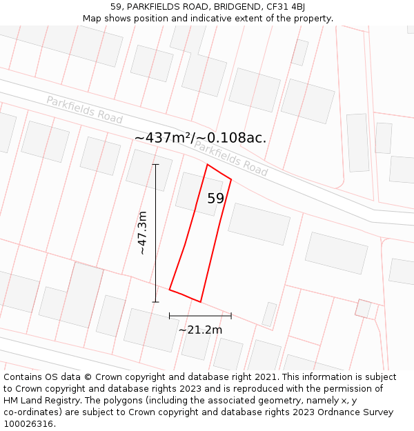 59, PARKFIELDS ROAD, BRIDGEND, CF31 4BJ: Plot and title map