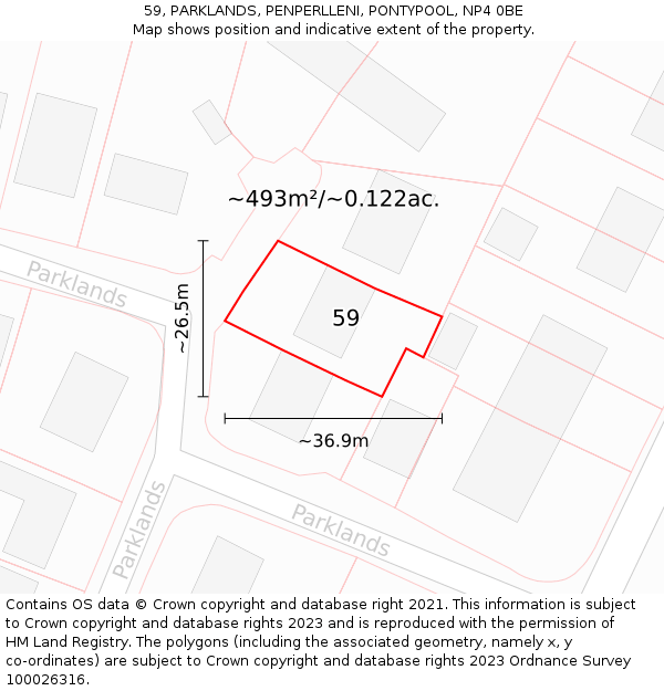 59, PARKLANDS, PENPERLLENI, PONTYPOOL, NP4 0BE: Plot and title map