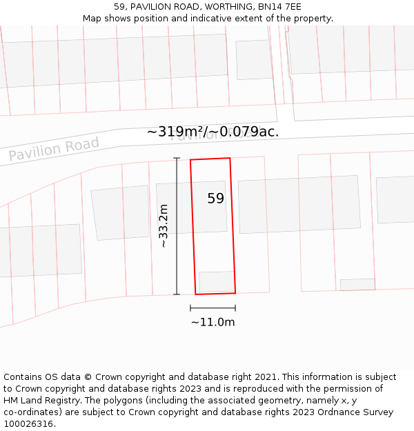 59, PAVILION ROAD, WORTHING, BN14 7EE: Plot and title map
