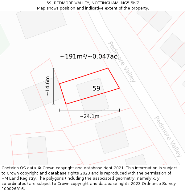 59, PEDMORE VALLEY, NOTTINGHAM, NG5 5NZ: Plot and title map