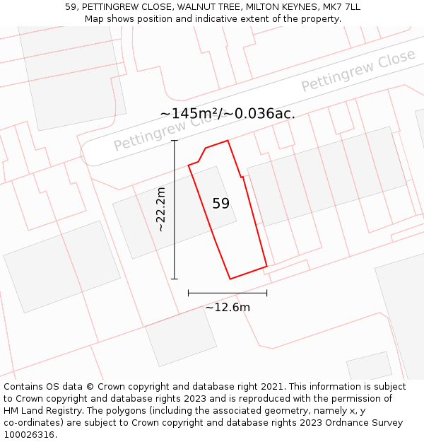 59, PETTINGREW CLOSE, WALNUT TREE, MILTON KEYNES, MK7 7LL: Plot and title map