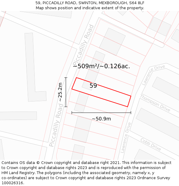 59, PICCADILLY ROAD, SWINTON, MEXBOROUGH, S64 8LF: Plot and title map