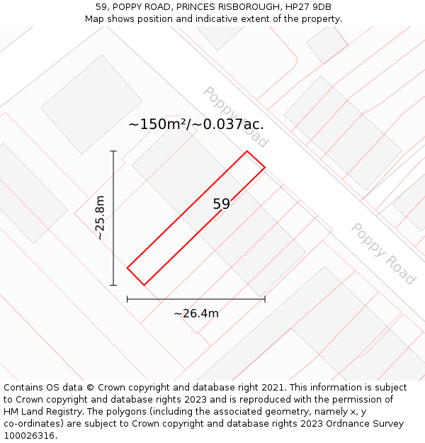 59, POPPY ROAD, PRINCES RISBOROUGH, HP27 9DB: Plot and title map