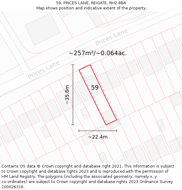 59, PRICES LANE, REIGATE, RH2 8BA: Plot and title map