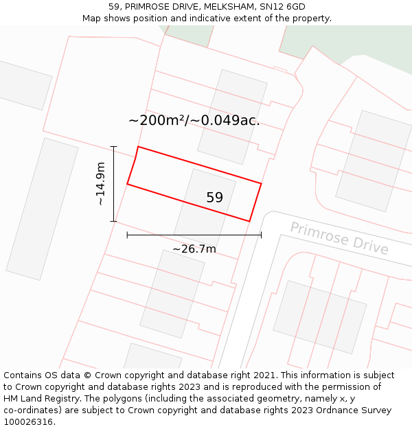 59, PRIMROSE DRIVE, MELKSHAM, SN12 6GD: Plot and title map