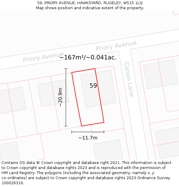 59, PRIORY AVENUE, HAWKSYARD, RUGELEY, WS15 1LQ: Plot and title map