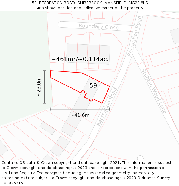 59, RECREATION ROAD, SHIREBROOK, MANSFIELD, NG20 8LS: Plot and title map