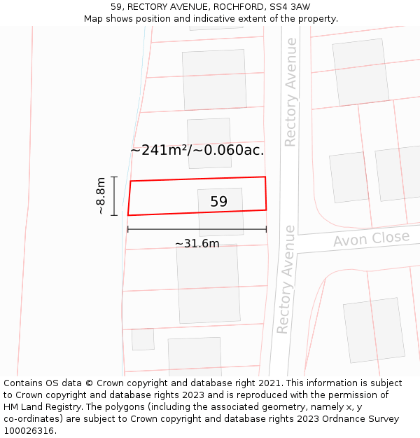 59, RECTORY AVENUE, ROCHFORD, SS4 3AW: Plot and title map