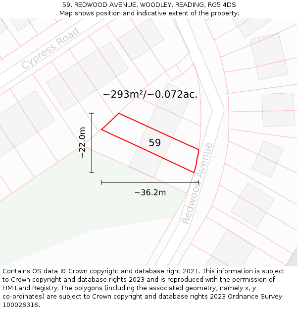 59, REDWOOD AVENUE, WOODLEY, READING, RG5 4DS: Plot and title map