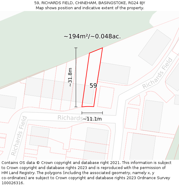 59, RICHARDS FIELD, CHINEHAM, BASINGSTOKE, RG24 8JY: Plot and title map
