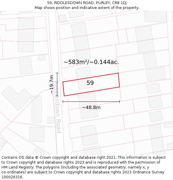 59, RIDDLESDOWN ROAD, PURLEY, CR8 1DJ: Plot and title map