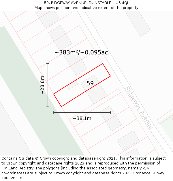 59, RIDGEWAY AVENUE, DUNSTABLE, LU5 4QL: Plot and title map