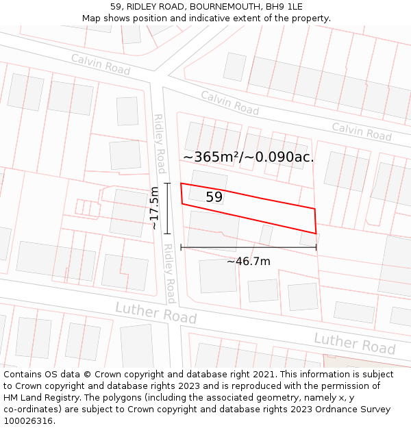 59, RIDLEY ROAD, BOURNEMOUTH, BH9 1LE: Plot and title map