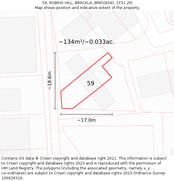 59, ROBINS HILL, BRACKLA, BRIDGEND, CF31 2PJ: Plot and title map