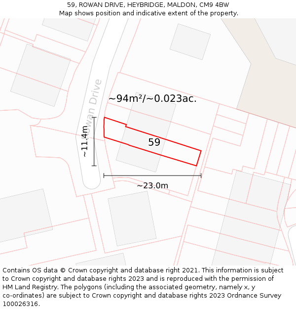 59, ROWAN DRIVE, HEYBRIDGE, MALDON, CM9 4BW: Plot and title map