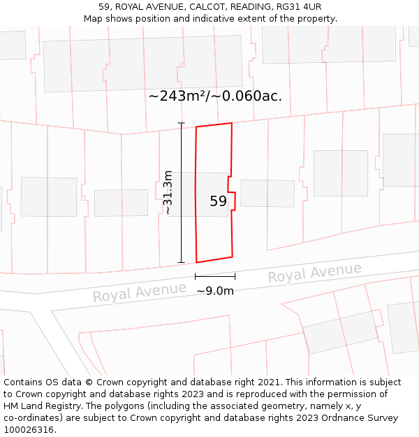 59, ROYAL AVENUE, CALCOT, READING, RG31 4UR: Plot and title map