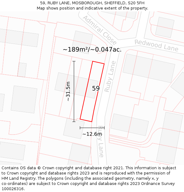 59, RUBY LANE, MOSBOROUGH, SHEFFIELD, S20 5FH: Plot and title map