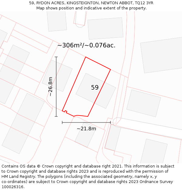 59, RYDON ACRES, KINGSTEIGNTON, NEWTON ABBOT, TQ12 3YR: Plot and title map