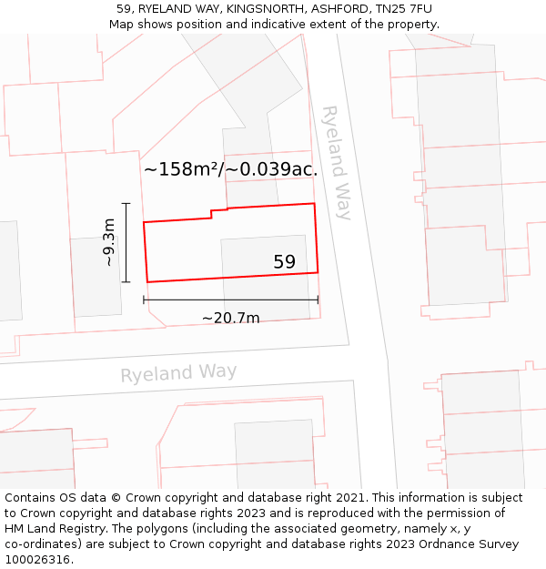 59, RYELAND WAY, KINGSNORTH, ASHFORD, TN25 7FU: Plot and title map
