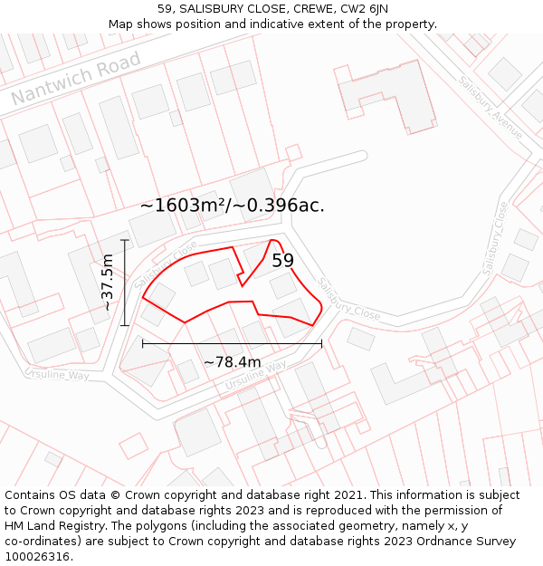 59, SALISBURY CLOSE, CREWE, CW2 6JN: Plot and title map