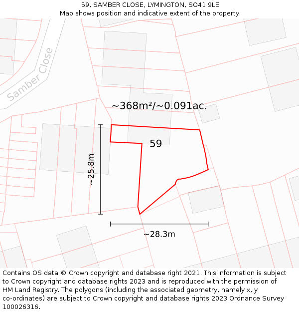59, SAMBER CLOSE, LYMINGTON, SO41 9LE: Plot and title map