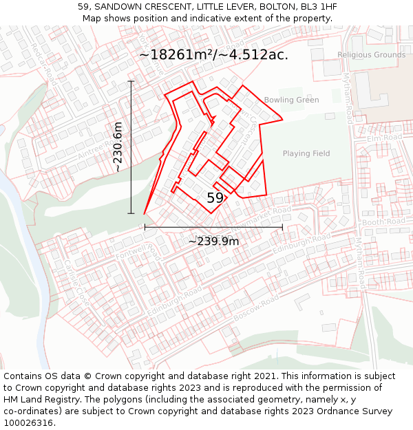 59, SANDOWN CRESCENT, LITTLE LEVER, BOLTON, BL3 1HF: Plot and title map