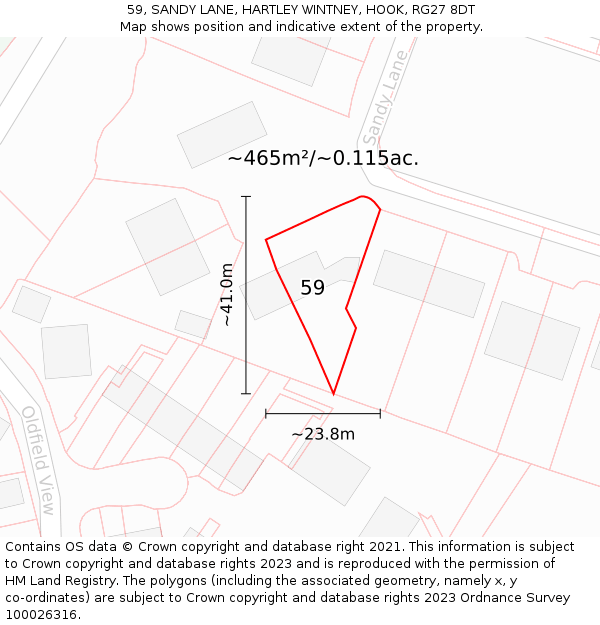 59, SANDY LANE, HARTLEY WINTNEY, HOOK, RG27 8DT: Plot and title map