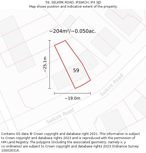 59, SELKIRK ROAD, IPSWICH, IP4 3JD: Plot and title map