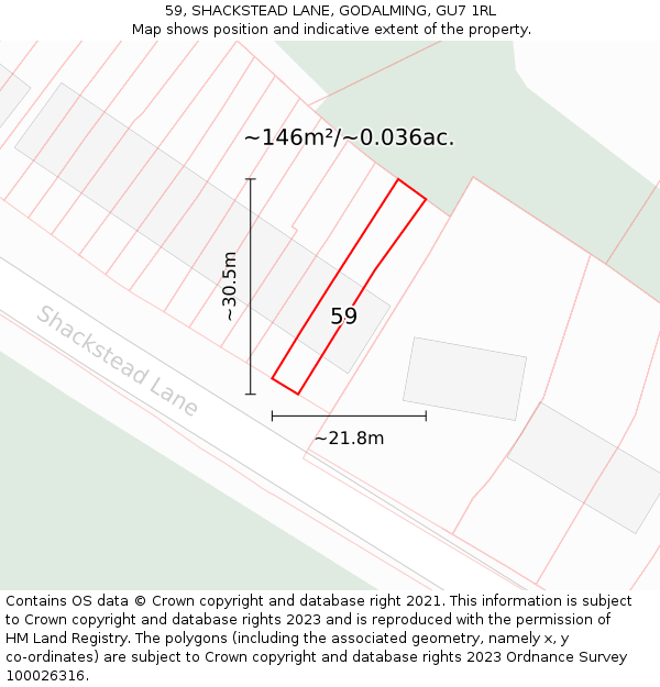 59, SHACKSTEAD LANE, GODALMING, GU7 1RL: Plot and title map