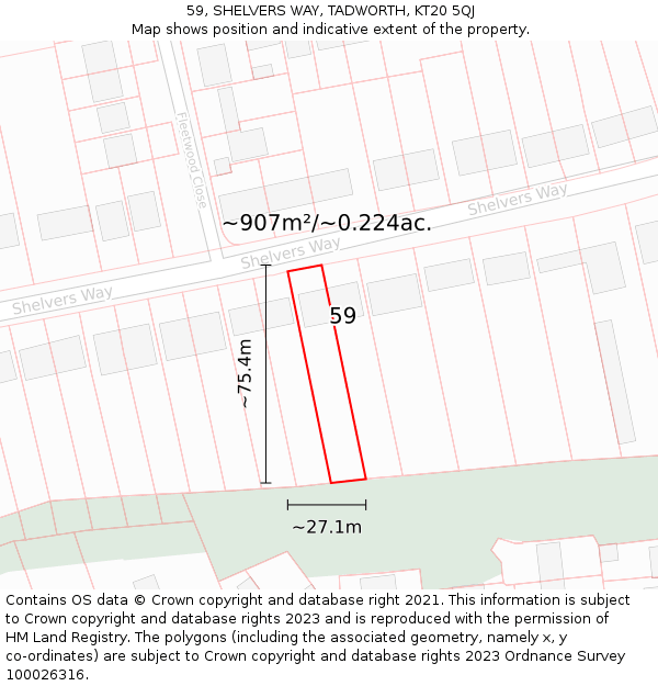 59, SHELVERS WAY, TADWORTH, KT20 5QJ: Plot and title map